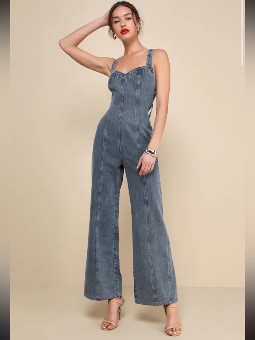 **BROKEN ZIPPER Lulu's Medium Blue Denim Jumpsuit with Sweetheart Neckline